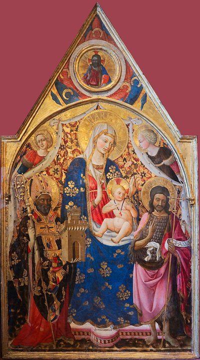 Madonna con Bambino e Santi in trono


 Titolo/i alternativo/i:   Gonfalone. Lato destro: Madonna col Bambino, con un vescovo, San Giovanni Battista e angeli. Parte superiore: Cristo benedicente. Lato posteriore: Crocifissione con la Vergine Maria e San Gi da Antonio da Firenze