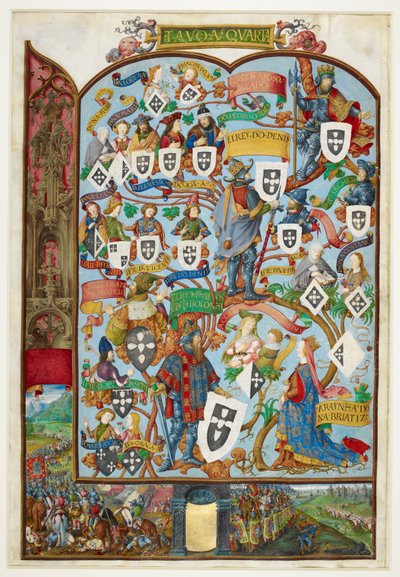 Albero genealogico dei Re del Portogallo che mostra la discendenza da Sancho Capello e Alfonso III. Margine inferiore: la battaglia di Salado nel 1340 da Antonio de Hollanda