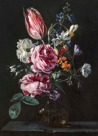 Un Bouquet di Narcisi, Tulipano Pappagallo, Rose e Altri Fiori in un Vaso di Vetro su un Plinto di Pietra, c.1650s da Antwerp School