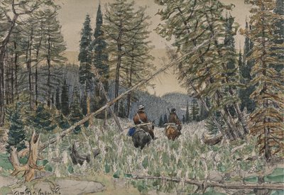 Cacciatori a cavallo in una foresta di pini da Apollinari Mikhailovich Vasnetsov