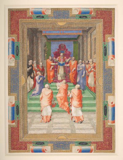 Una cerimonia papale, Paolo IV davanti al trono papale, Add. MS 35254 Q, c.1555-59 da Apollonio di Bonfratelli