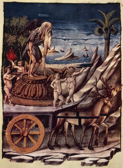Il trionfo del Tempo, il carro del Tempo trainato da cervi, miniatura di Apollonio di Giovanni (1415 o 1417-ca 1465) da Trionfi, poema allegorico di Francesco Petrarca (1304-1374), manoscritto 1129, folio 42, verso, Italia da Apollonio di Giovanni di Tommaso