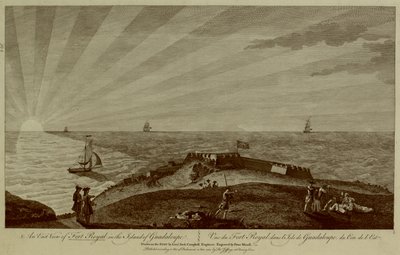 Un gruppo di soldati riposa in cima a una collina in primo piano, con Fort Royal oltre, navi a vela e il sole che tramonta nel mare sullo sfondo da Archibald (after) Campbell