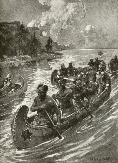 Samuel De Champlain nel 1608 risalendo il fiume San Lorenzo nelle canoe degli indiani d