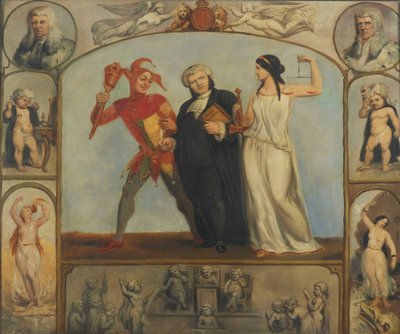 dipinto; olio su tela - Ritratto di Renton Nicholson con scene e figure allegoriche da Archibald Henning