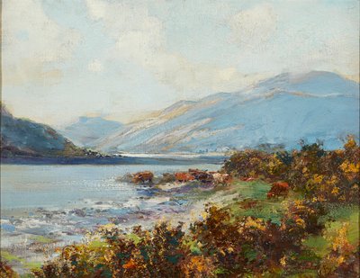 Scena delle Highlands con bovini che si abbeverano da Archibald Kay