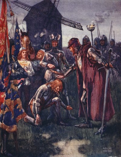 Il principe si inginocchia umilmente davanti a suo padre: è la sua battaglia - tutta sua! da Ballate di famosi combattimenti, Prima Edizione, 1920 da Archibald Webb