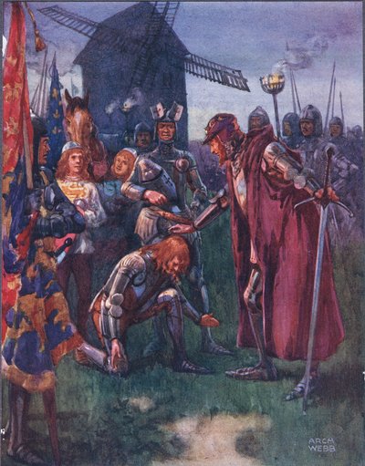 Il Principe si inginocchia umilmente davanti a suo Padre: La battaglia è sua - completamente sua! illustrazione da Ballads of Famous Fights, c.1900 da Archibald Webb