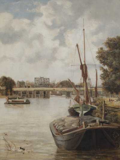 Il presente ponte di Hammersmith in costruzione con il ponte temporaneo, 1886 da Archibald Webb