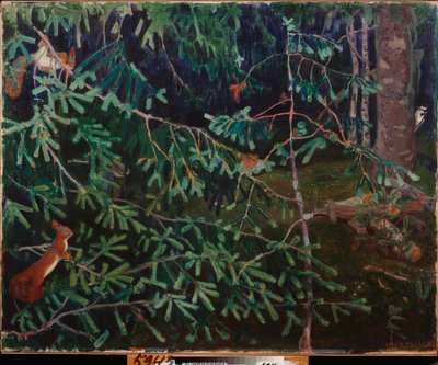 Gli abitanti della foresta. (Scoiattoli sui rami e un uccello che becca un tronco). Dipinto di Arkadi Alexandrovich Rylov, olio su tela da Arkadij Aleksandrovic Rylov