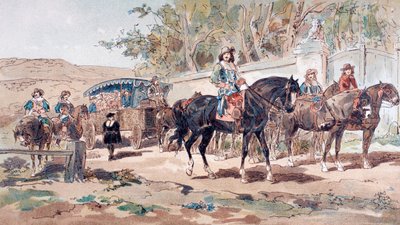 Diligenza pubblica trainata da cavalli del XVII secolo con scorta a cavallo, 1886 da Armand Jean Heins