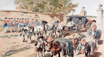 Una carrozza postale che entra in un recinto murato e passa tra una banda e un treno di asini da Armand Jean Heins