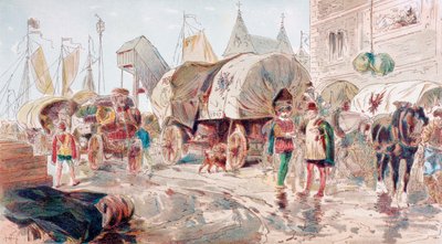 Carri trainati da cavalli pieni di merci appartenenti alla Lega Anseatica arrivano a un porto, XVI secolo, 1886 da Armand Jean Heins