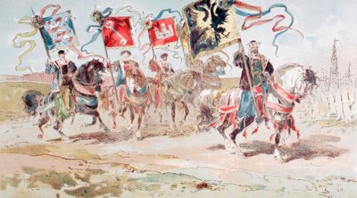 Cavalieri che portano bandiere della Lega Anseatica e delle città appartenenti alla Lega, XVI secolo, 1886 da Armand Jean Heins