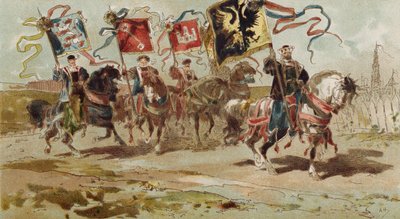 Cavalieri che portano bandiere della Lega Anseatica e alcune delle sue città membro, Paesi Bassi spagnoli, XVI secolo da Armand Jean Heins