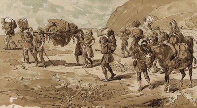Lettiga, portatori e muli da soma carichi, tempo delle Crociate, XI secolo da Armand Jean Heins