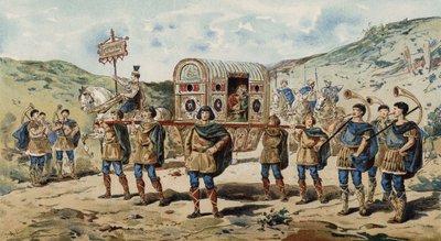 Lettiga con scorta, accompagnata da suonatori di buccina. tempo di Carlo Magno, IX secolo da Armand Jean Heins