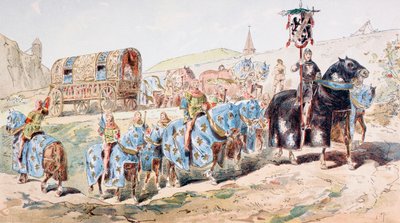 Nobildonna in carrozza trainata da cavalli scortata da trombettieri nel XIII secolo da Armand Jean Heins