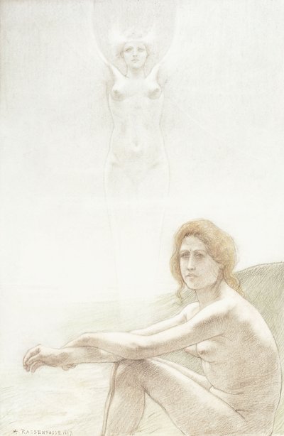 Nudo femminile seduto con figura femminile spettrale sullo sfondo da Armand Rassenfosse