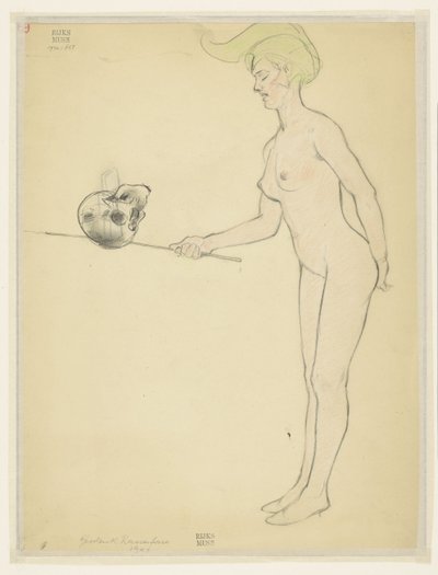 Donna nuda in piedi con un bastone e un teschio da Armand Rassenfosse