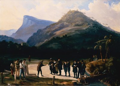 Un architetto con i suoi patroni che preparano la posa della prima pietra di una villa sotto il monte Corcovado da Arnaud Julien Pallière