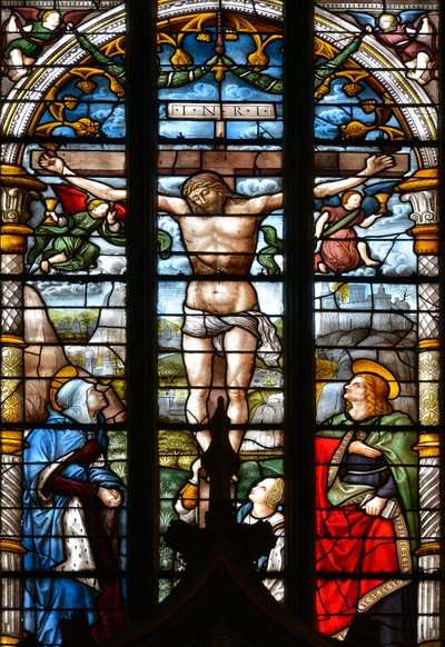 La crocifissione, con la Vergine Maria, San Giovanni e Maria Maddalena ai piedi della croce - Vetrata nella cappella del Santissimo Sacramento, di Arnaud de Moles (1470-1520) completata nel 1513 - Cattedrale Sainte Marie d