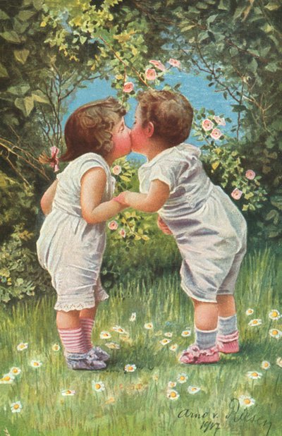 Bambino e bambina che si baciano in un giardino da Arno von Riesen Riesen