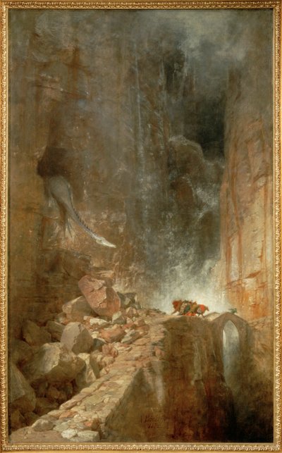 Ein Drache in einer Felsenschlucht - Un drago in una gola rocciosa... (dipinto su tela) da Arnold Böcklin