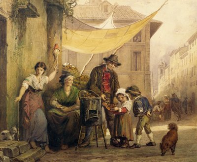 Bancarella di caldarroste in Via Sistina a Roma da Arnold Corrodi