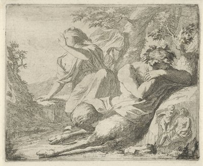 Satiro e figura femminile coprono gli occhi dalla luce del sole Scena di allegorie aperta al servizio di pittori, scultori, ecc. (serie) da Arnold Houbraken