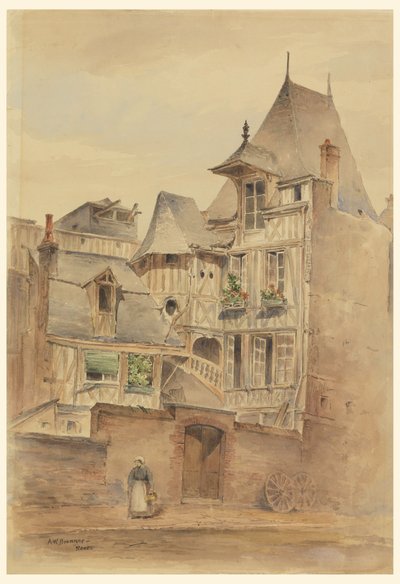 Disegno, Scena di strada con case medievali, 1885 ca. da Arnold William Brunner