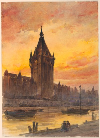Tramonto su torre e fiume da Arnold William Brunner