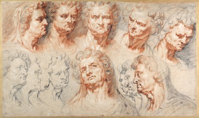 Tredici studi basati su una testa imperiale romana (gessi neri e rossi con inchiostro marrone su carta bianca) da Arnold or Artus the Elder Quellin I