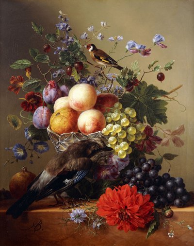 Pesche, Uva, Prugne e Fiori in un Vaso di Vetro con una Ghiandaia su un Davanzale da Arnoldus Bloemers