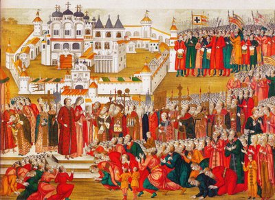 Una folla al monastero di Hypatian implora la madre di Mikhail Romanov di lasciarlo andare a Mosca e diventare da Artamon Sergeevich Matveyev