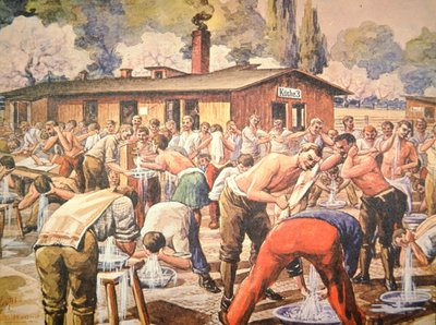 Prigionieri di guerra alleati alle loro abluzioni nel campo di prigionia tedesco a Geissen da Arthur (after) Nantel