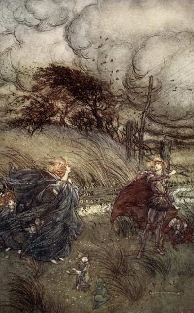 E ora non si incontrano mai in bosco o prato, presso fontana limpida o luce stellare scintillante. Ma si scontrano, illustrazione da 