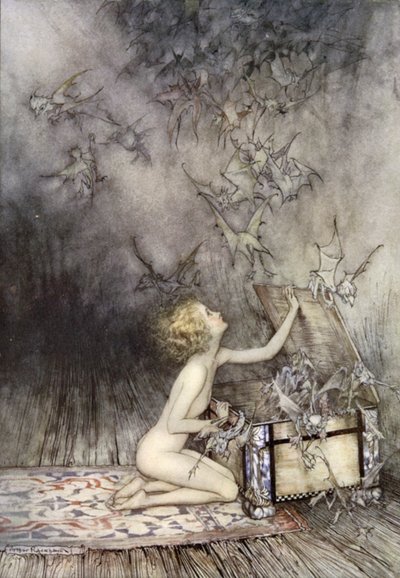 Apertura del vaso di Pandora, scena da A Wonder Book di Nathaniel Hawthorne da Arthur (after) Rackham