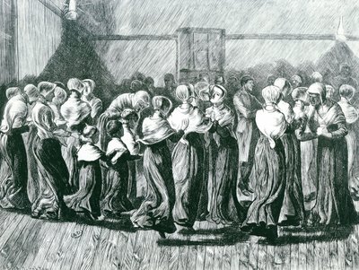 Shakers a un Incontro: la Danza Religiosa, illustrazione da The Graphic, pubblicato il 14 maggio 1870 da Arthur Boyd Houghton