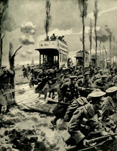 Autobus londinesi usati per trasportare truppe al fronte, Prima Guerra Mondiale, 1914-1918, c1920 da Arthur C. Michael