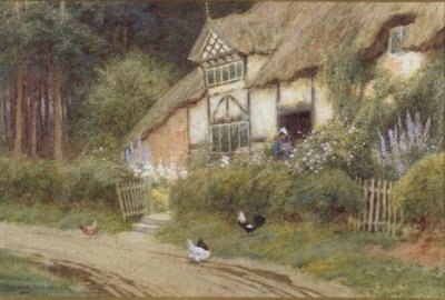 Una giovane ragazza e polli vicino a un cottage da Arthur Claude Strachan