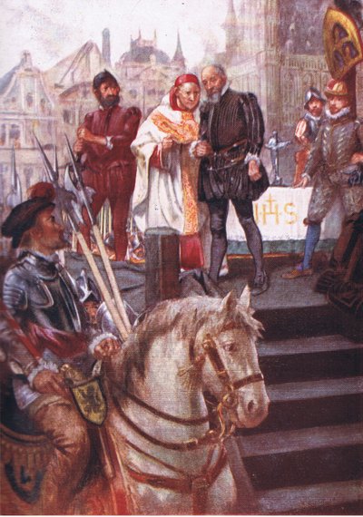 Al centro della piazza era stato eretto un patibolo, illustrazione da Romance of History: The Netherlands da Arthur David McCormick