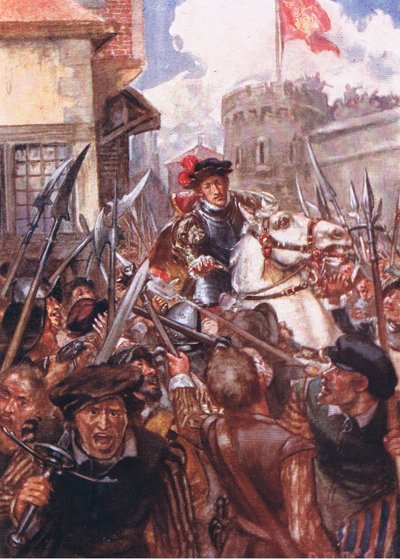 Montando a cavallo, cavalcò tranquillamente e senza scorta fino alla porta rossa, illustrazione da Romance of History: The Netherlands da Arthur David McCormick