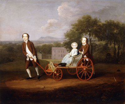 Ritratto di gruppo di tre dei figli di Peter e Mary Du Cane, tutti a figura intera, che giocano con un elaborato carretto per cani, nei giardini di una casa di campagna, 1747 da Arthur Devis