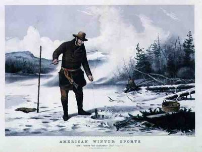 Sport Invernali Americani: Pesca alla Trota sul Lago Chateaugay, pub. da Currier & Ives da Arthur Fitzwilliam (after) Tait
