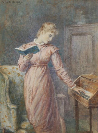 Una signora che legge mentre suona lo spinetta da Arthur Foord Hughes