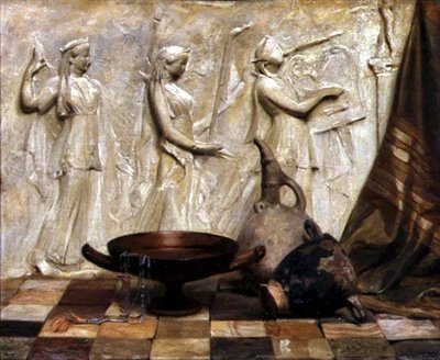 Uno Skyphos, un Kylix, una brocca da vino e una collana egiziana da un fregio greco da Arthur Hacker