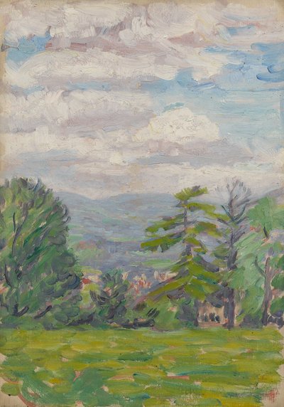Vista attraverso un prato e un albero con valle oltre da Arthur Haythorne Studd