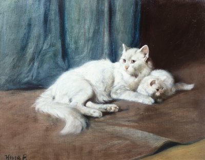 Un gatto persiano bianco con i suoi gattini da Arthur Heyer