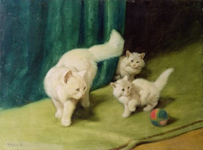 Gatto persiano bianco con due gattini da Arthur Heyer